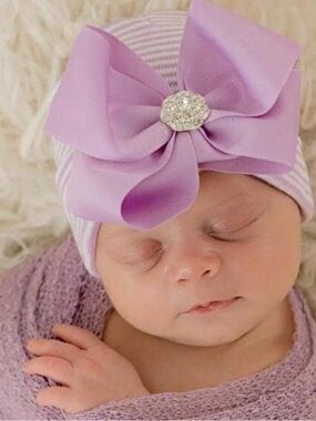 Soft Lilac Baby Bow Beanie Hat with Sparkle Center